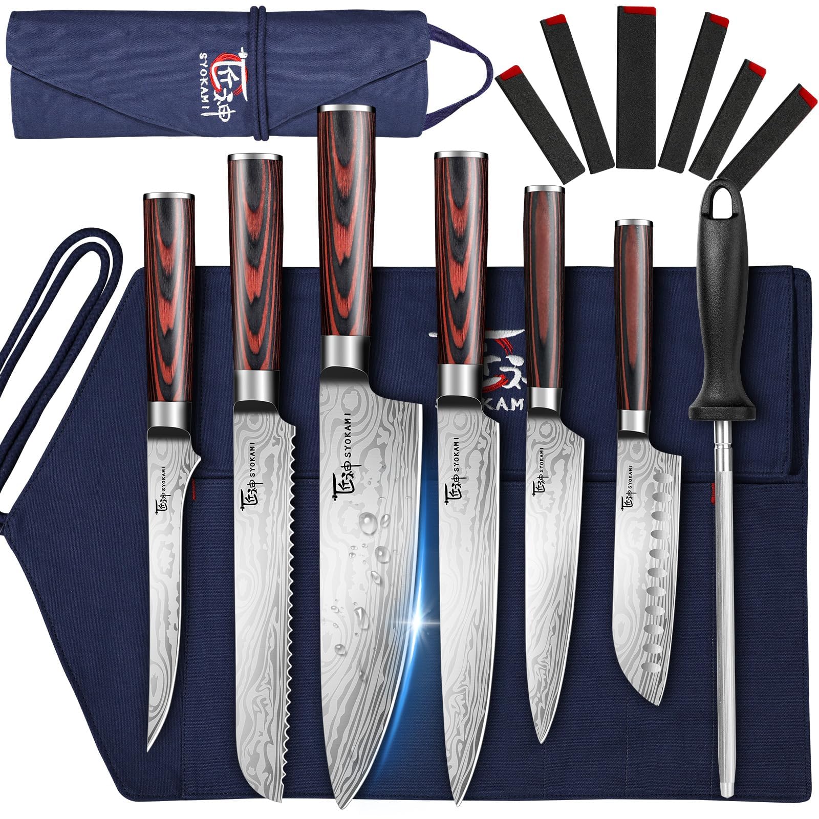 SYOKAMI 9 Piece Japanese Kitchen Chef Knife Set with Roll Bag